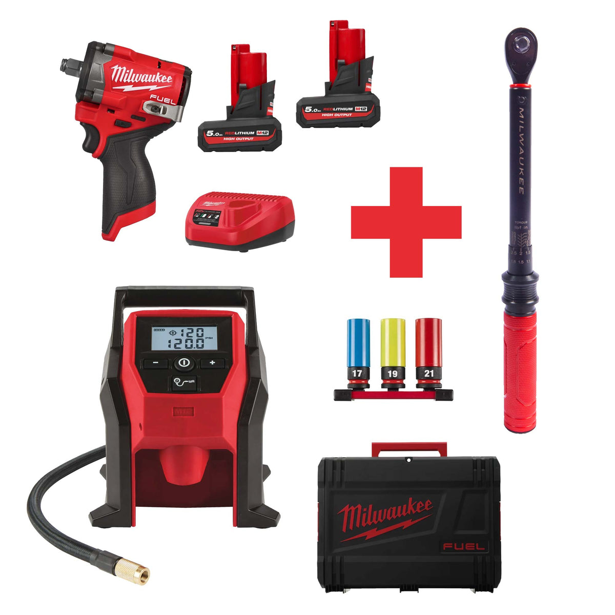 Milwaukee M12 FUEL Reifenwechsel-COMBO - 1/2˝-Akku-Schlagschrauber + Akku-Kompressor + Drehmomentschlüssel + Schlagnuss-Set