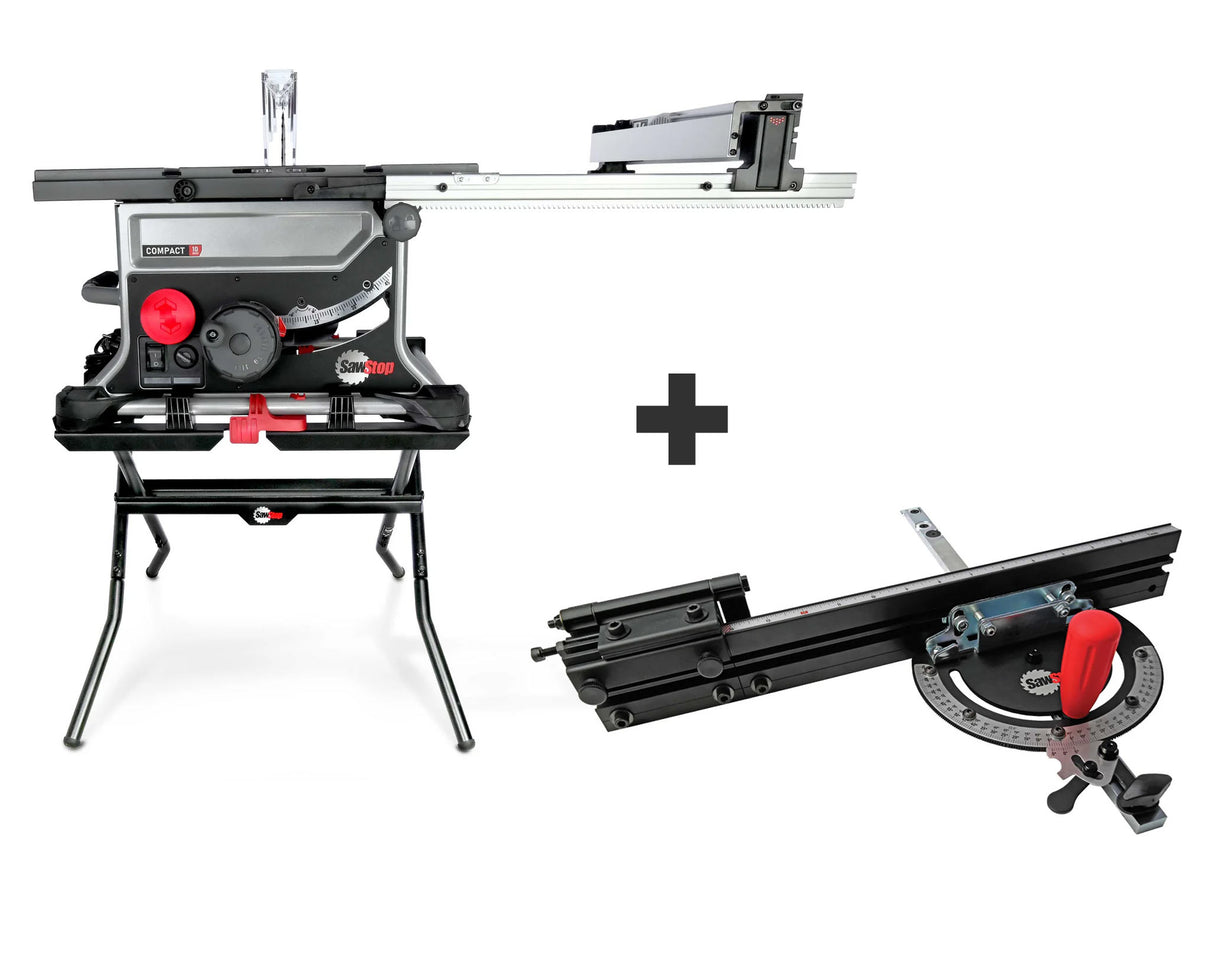 SET: SAWSTOP kompakte Tischkreissäge + Untergestell + Skalen-Gehrungsanschlag, 80mm Schnitthöhe CTS