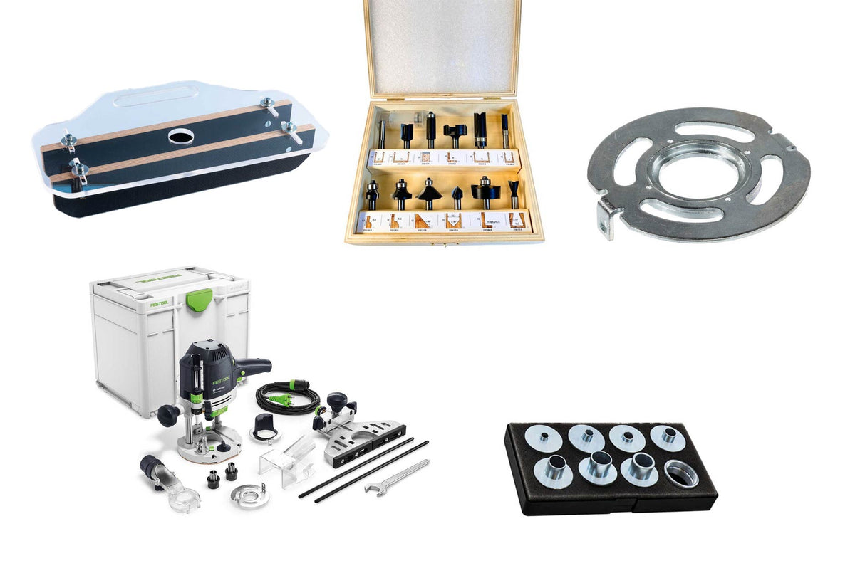 BUNDLE: Festool Oberfräse OF 1400 + 12 tlg Fräserbox + Fräshilfe + Kopierringe