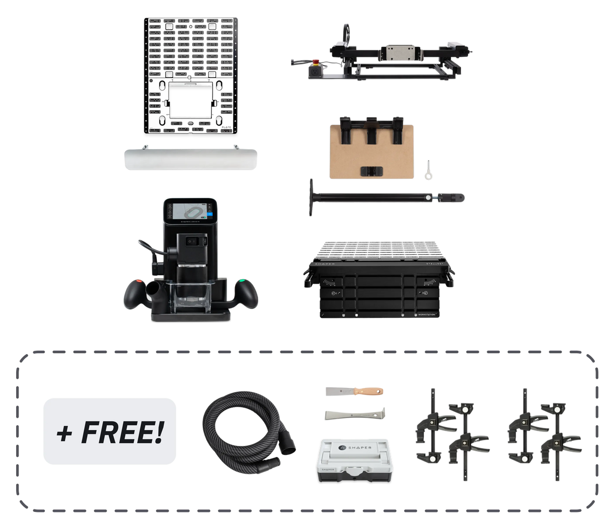 SET: Shaper Origin + Benchpilot + Workstation + Werkstückträger-Upgrade-Kit + Plate + Kantenanschlag