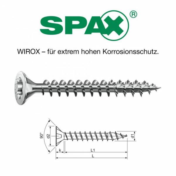 SPAX Senkkopfschraube Ø 4,0x45mm, 500 Stück, Vollgewinde, Wirox-Silber, TX 20 - 1191010400455