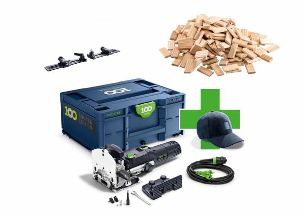SET: Festool 100 Jahre Dübelfräse DOMINO DF 500 Q-Plus + 300 Stück 5x30mm Dominos + Queranschlag