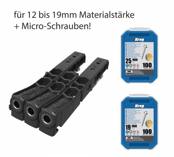 SET: KREG Micro-Taschenlochbohrschablone Pocket-Hole Jig 230 Micro + Micro Schrauben für 12 und 16mm Material