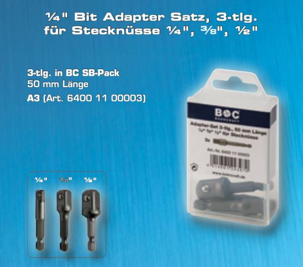 Stecknuss-Bit-Adapter auf Vierkant 1/4" - 3/8" - 1/2" - 3er Set