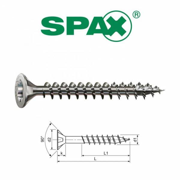 SPAX Senkkopfschraube Ø 5,0x60mm, 100 Stück, Vollgewinde, A2, TX 20 - 1197000500603