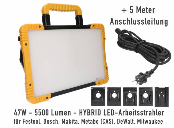 HYBRID PROFI 47W LED Akku-Baustrahler - 5500 Lm, Schutzklasse IP 54 - Akku-Adapter + Netzkabel