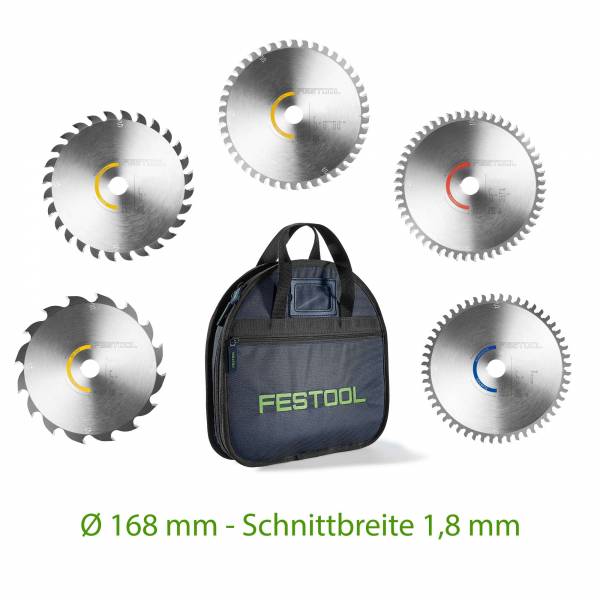 SET: Festool Sägeblatttasche + 5 Sägeblätter Ø 168mm (Längs- / Universal- / Fein- / Alu- / Kunststoff-Schnitt)