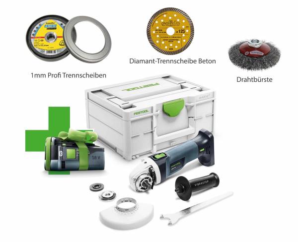 SET: Festool Akku-Winkelschleifer AGC 18-125 Li + 5.0 Ah Akkupack + Zubehör-Set