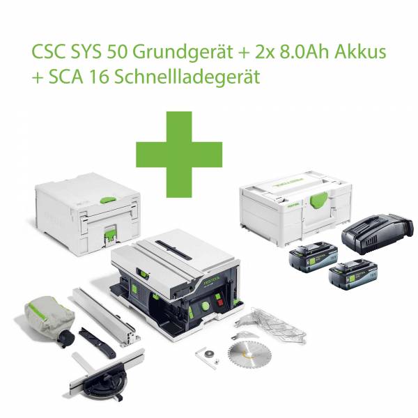 SET: Festool Akku-Systainersäge CSC SYS 50 EBI-Plus (Säge und 2x 8.0 Amperestunden Akkus + 1 Schnellladegerät SCA16)