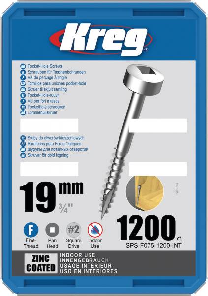 KREG® Taschenlochschrauben 19mm Feingewinde mit Flachkopf - 1200 Stk - SPS-F075-1200