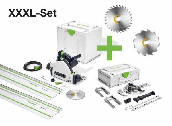 XXXL-SET: Festool Tauchsäge TS 55 FEBQ (3 Sägeblätter, 2 Schienen, 2 Verbinder, 2 Zwingen, Winkelanschlag)