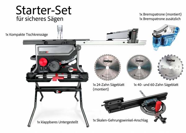 STARTER-PAKET: SAWSTOP kompakte Tischkreissäge, 79mm Schnitthöhe + Zubehör