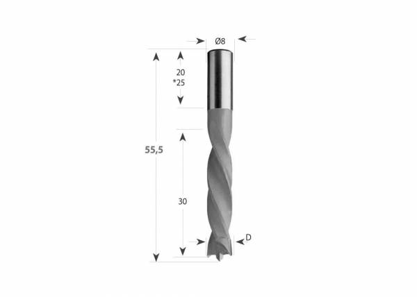 CMT Ø 3 x 18 mm Dübelbohrer - rechtsdrehend - Schaft 8 x 28 mm / 55,5mm Gesamtlänge - 306.030.21