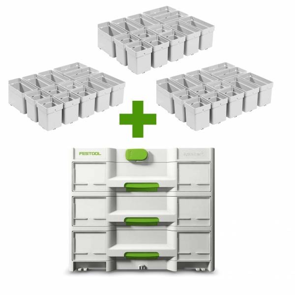 SET: Festool Sortainer³ SYS3-SORT/3 M 337 - 3 Schubladen + 3 x Einsatzboxen-Sets - 577769-3x578056