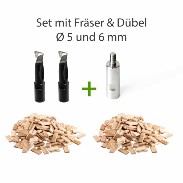 SET: Domino-Adapter für Domino XL DF 700 + Ø 5 und 6 mm Fräser + 5 x 30 mm und 6 x 40 mm Buche Dübel