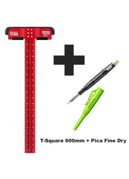 AKTION: Woodpeckers® Metrischer T-Anschlagwinkel 600mm T-SQUARE + Pica Fine Dry Minen-Bleistift