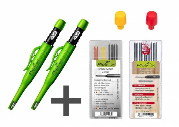 PICA Dry Vorteilsbox 2x Stift + Tischlermine + Multi-Use Mine + rote Kappe + gelbe Kappe