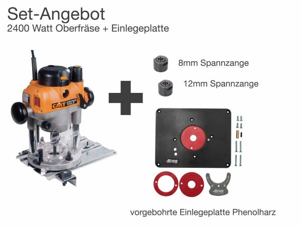 SET: CMT Doppelfunktions-Präzisionsoberfräse 2400W + KREG Einlegeplatte + 8mm Spannzange + Schraubensatz