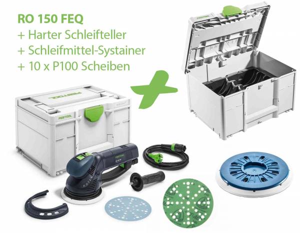 SET: Festool Getriebe-Exzenterschleifer ROTEX 150 FEQ-Plus + harter Schleifteller + P100 Scheiben + Schleifmittelsystainer
