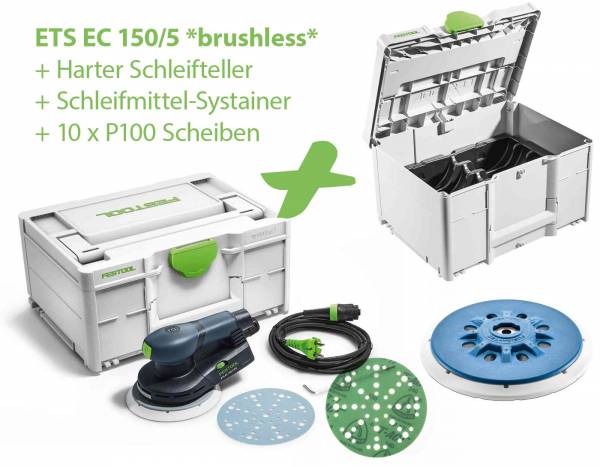 SET: Festool bürstenloser Exzenterschleifer ETS EC 150/5 EQ-Plus + harter Schleifteller + P100 Scheiben + Schleifmittelsystainer
