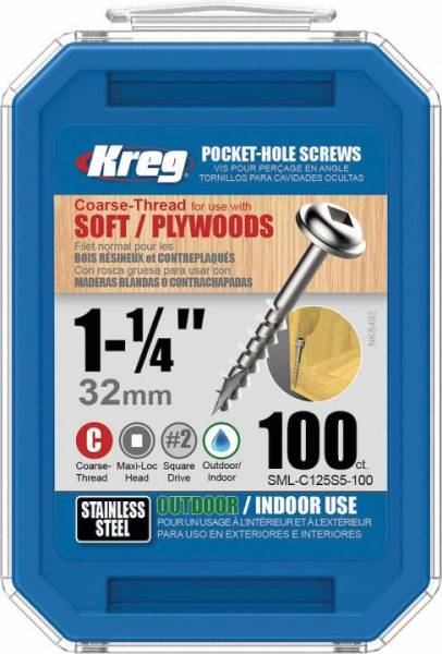 KREG® Taschenlochschrauben 32mm Edelstahl, Grobgewinde mit Scheibenkopf - 100 Stk - SML-C125S5-100