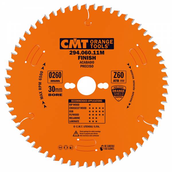 CMT HW Kreissägeblatt für feine Schnitte in Holz, Ø 260x2,5x30mm Z60