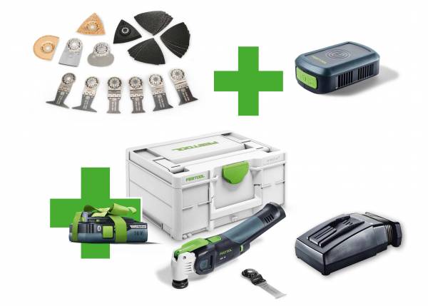 SET: Festool Akku-Oszillierer OSC 18 E-Basic VECTURO + 4.0 Ah Akkupack + Zubehör-Set + Ladegerät